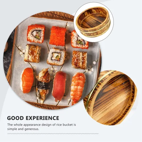 Miniatura 5 de Hemoton Cubo de mezcla de arroz de sushi de estilo japonés Bandeja redonda de sushi Barril de servicio de alimentos de gran capacidad Marrón claro