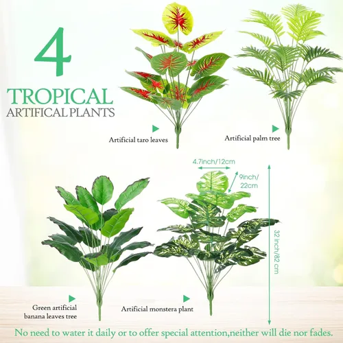 Miniatura 2 de Yunlly 4 plantas falsas altas de imitación plantas de interior para decoración del hogar de 32 pulgadas, palmera artificial tropical, árbol de hojas