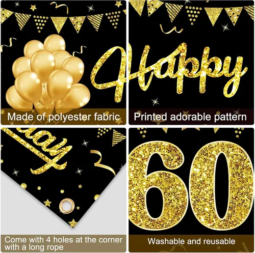 Miniatura 6 de Cartel de feliz cumpleaños 60 para hombres y mujeres, letrero de cumpleaños número 60 negro y dorado, suministros de fiesta para patio, divertida