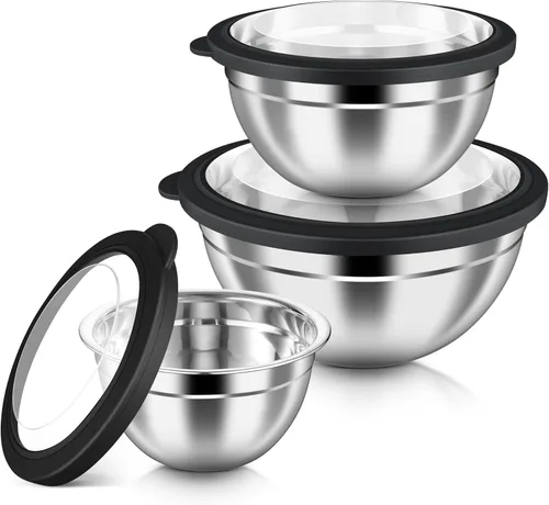 HaWare Juego de cuencos de mezcla con tapas herméticas transparentes, juego de 6 piezas de cuencos anidables de acero inoxidable resistentes, cuenco
