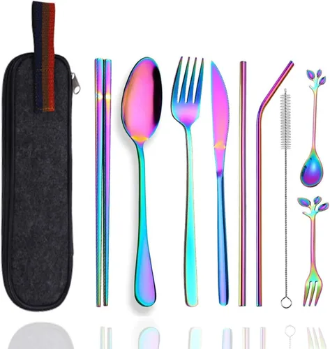 Miniatura 7 de Utensilios de madera reutilizables para comer, 8 piezas de cucharas de madera de viaje, tenedores, palillos, juego de cubiertos con estuche
