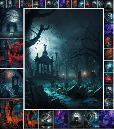 Decoupage - Paquete de papel (35 hojas de 6 x 8 pulgadas) para cementerio abandonado FLONZ Halloween Ilustración Ilustración Tarjetas para