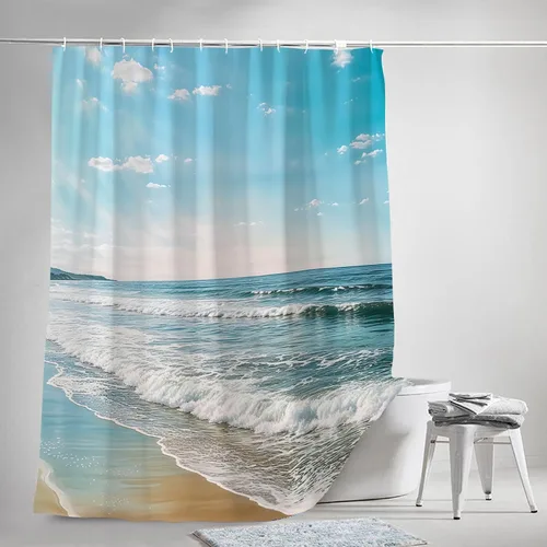 Miniatura 7 de Wathon Cortina de ducha con olas del mar del océano, cortina de baño náutica azul y blanco, accesorios de baño costero, juego de decoración de baño