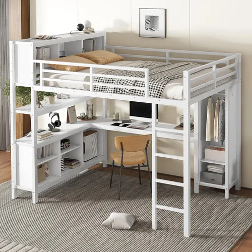 Miniatura 15 de SOFTSEA Cama tipo loft de metal completo con escaleras y armario, cama alta para niños con barandillas en forma de casa y estantes de Negro
