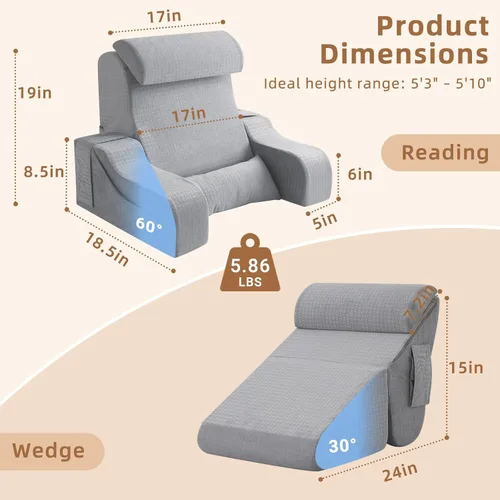 Miniatura 7 de 5 almohadas de lectura para sentarse en la cama para adultos, almohada plegable 2 en 1 con cuña para dormir, almohada ergonómica de apoyo de espalda