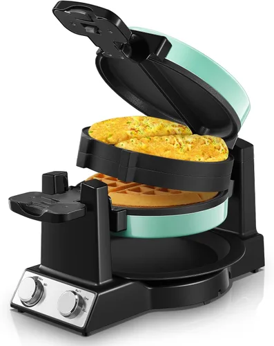 Miniatura 10 de FOHERE Máquina de tortilla y wafflera 2 en 1, máquina para hacer gofres de tortilla de 1400 W, giro de 180°, control de tostado ajustable, sartenes
