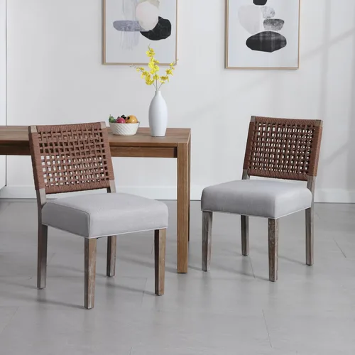 Miniatura 3 de LZAREAL Juego de 4 sillas de comedor estilo granja tapizadas de tela de lino, sillas de cocina y comedor modernas de mediados de siglo con respaldo