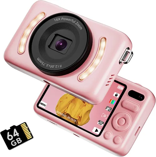 Cámaras digitales 2026, cámara digital de 64 MP con tarjeta de memoria de 64 GB, zoom 16X, pantalla HD real de 2.8 pulgadas, antivibraciones, cámara