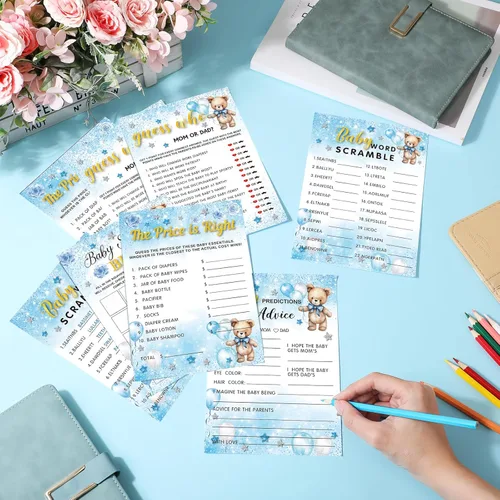 Miniatura 3 de Jetec Juego de 302 piezas para baby shower con temática de oso, 6 juegos que incluyen sopa de letras de baby shower, búsqueda de palabras