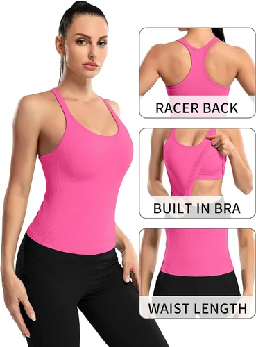Miniatura 37 de ATTRACO Camiseta corta acanalada de entrenamiento para mujer con brasier integrado para yoga, espalda cruzada, ajuste ajustado