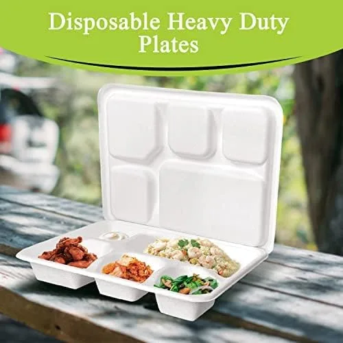 three leaf Bandeja de Bagazo de 6 Compartimentos Resistente - Súper Fuerte - Natural - Ecológica Platos Desechables de Bagazo, 100% Biodegradables