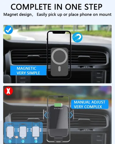 Miniatura 6 de Cargador de coche inalámbrico magnético de 15 W para iPhone 16/15/14/13/12 Pro Max/Mag-Safe, soporte de carga rápida Qi, soporte de teléfono