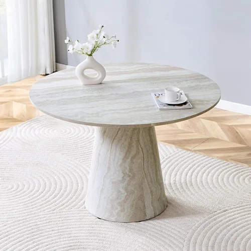 Miniatura 7 de Mesa de comedor redonda de 45 pulgadas, moderna mesa de madera de imitación de mármol, mesa gruesa y espaciosa con base de pedestal, fácil