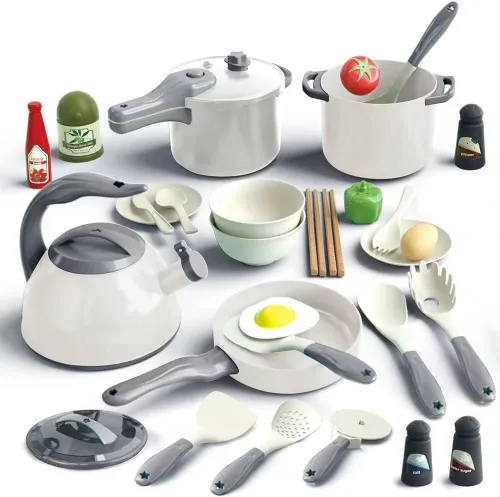 Miniatura 12 de Bruvoalon Juego de 32 juguetes de cocina para niños, accesorios de cocina con ollas, sartenes, utensilios de cocina, alimentos, verduras enlatadas