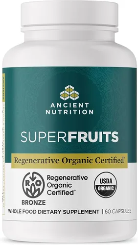 Ancient Nutrition Cápsulas regenerativas orgánicas certificadas SuperFruits, apoya la salud intestinal y del sistema inmunológico, hechas con
