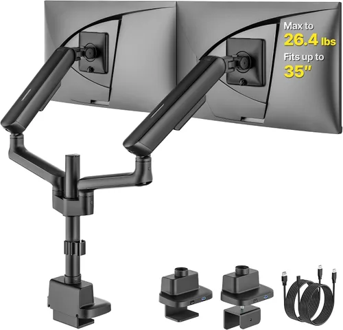 Miniatura 13 de monTEK Brazo de monitor dual con resorte mecánico para pantallas de 17 a 35 pulgadas, aluminio de grado aeroespacial, abrazadera en C y soporte