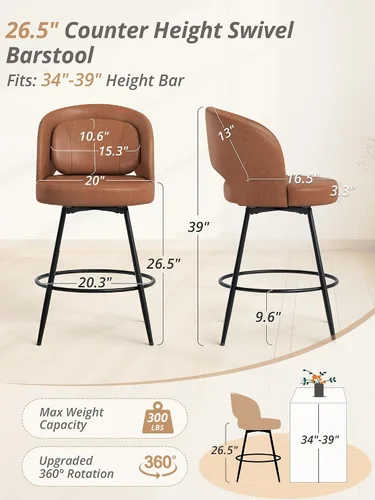 Miniatura 2 de LUE BONA Juego de 2 taburetes de bar giratorios de 26'' de altura, taburetes de bar de altura de mostrador con respaldos, almohada lumbar y marcos