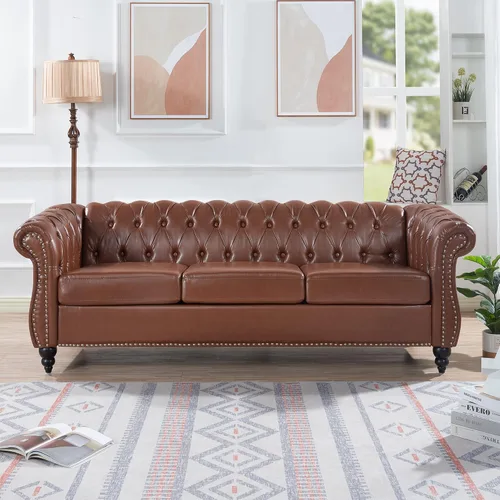 Miniatura 3 de Chesterfield - Sofá tapizado de piel sintética, con respaldo copetudo, sofá clásico de cuero de 3 plazas, brazo enrollado para sala de estar, Marrón