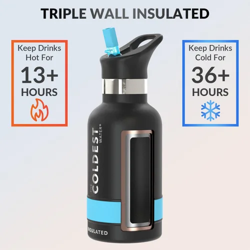 Miniatura 2 de Coldest - Botella para agua con tapa que incluye pajilla, térmica y metálica (acero inoxidable), para hombres y mujeres, color negro