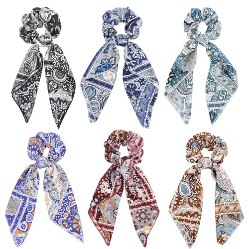 Miniatura 5 de Bufanda para el cabello, coleta de caballo con 6 bufandas, estampado de flores de cachemira, material de gasa, para mujeres y niñas, accesorios