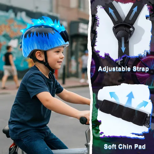 Miniatura 6 de Casco de bicicleta para niños pequeños con luces LED, casco para niños varones de 3 a 8 años, cascos de bicicleta ajustables para niños pequeños Azul