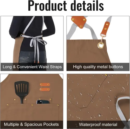 Miniatura 3 de Aoomzoon Delantal de cocina duradero, delantales de chef multifuncionales para mujeres y hombres con bolsillos para cocinar, hornear y uso diario
