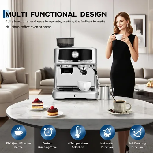Miniatura 7 de Garvee Máquina de café expreso de acero inoxidable a presión de 20 bar con molinillo, tanque de agua extraíble de 1.5 L, varita de vapor espumador