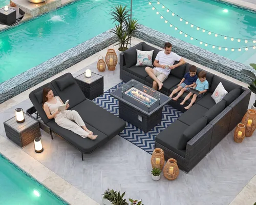 Miniatura 132 de NICESOUL Juego de muebles de patio para exteriores de 7 piezas con mesa para hoguera, gas natural y propano convertible, respaldo alto de 29.3