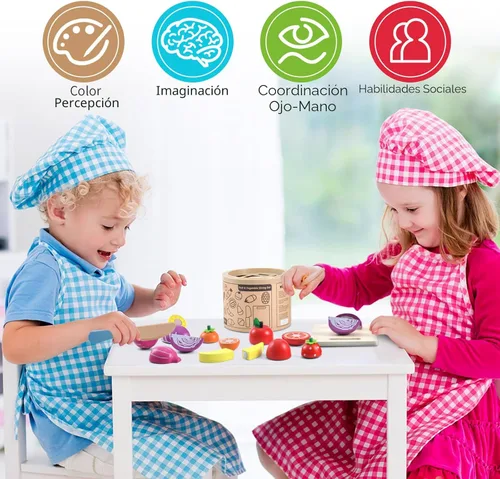 Miniatura 3 de WHOHOLL Juego de 43 piezas de comida de madera para niños, accesorios de cocina con canasta, juguetes de comida de corte de simulación para niños