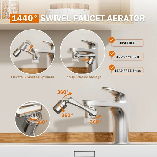 Miniatura 4 de Frizzlife Filtro de agua para extensor de grifo de fregadero, aireador giratorio de 1440° que reduce el 99% de cloro, 3 modos de latón en aerosol