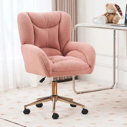 Miniatura 11 de Silla de oficina moderna de terciopelo con base dorada, altura ajustable y giro de 360°, silla de escritorio suave y cómoda con brazos y ruedas