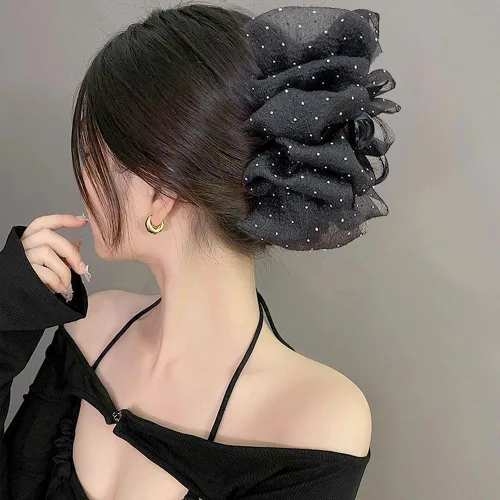 Miniatura 3 de Myhiju Pinza para el cabello, pinza de pelo de tul de malla de gasa negra, clip de lazo de seda de sujeción fuerte para mujeres, accesorios