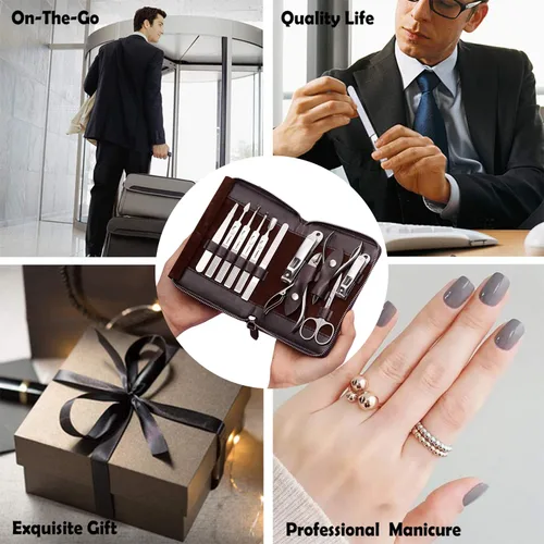 Miniatura 7 de FAMILIFE - Kit de manicura profesional para uñas, 11 en 1, de acero inoxidable, con estuche de viaje portátil de cuero negro, regalos de lujo para él