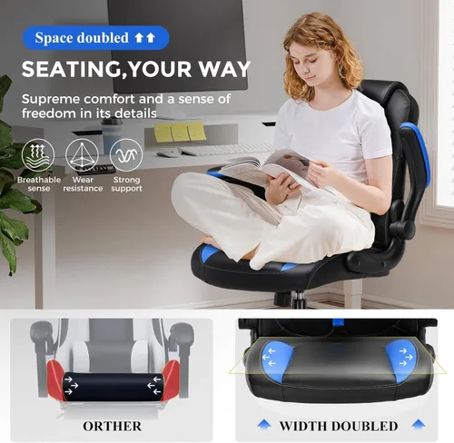 Miniatura 5 de COMHOMA Silla ergonómica para juegos de oficina para adultos, con soporte lumbar, brazos abatibles, altura ajustable, ruedas giratorias de piel Azul