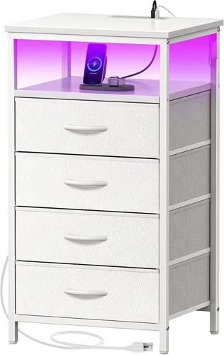 Miniatura 14 de Huuger - Mesita de noche con estación de carga y luces LED, mesita de noche con 2 cajones, mesa auxiliar de cama con estante abierto, mesa auxiliar