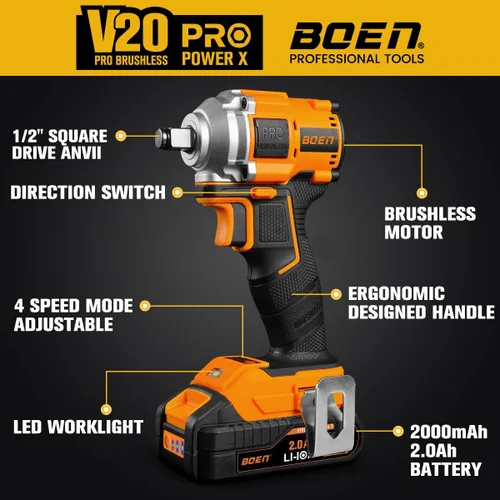 Miniatura 3 de boen 260FT-LBS(350N.m) Llave de impacto inalámbrica 1/2 pulgada, pistola de impacto eléctrica sin escobillas ligera, 2500RPM para reparación