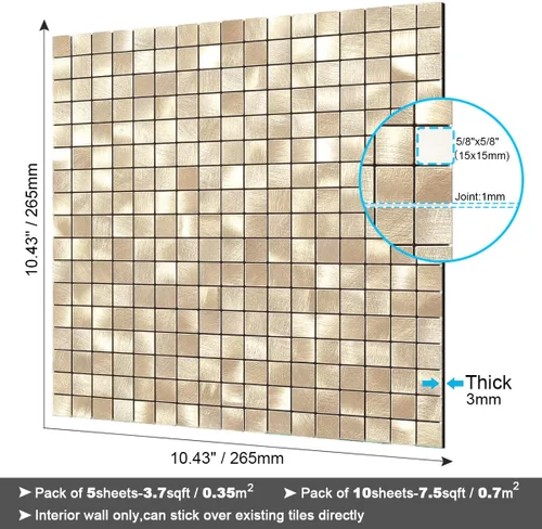 Miniatura 6 de BeNice Adhesivos de Azulejos para Salpicadero Despegar y Pegar, Azulejos Metálicos Pequeños Cuadrados Adhesivos para Pared de Cocina y Baño - 10