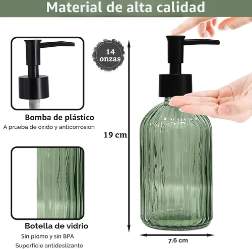 Miniatura 2 de Juego de dispensador de jabón de vidrio verde con bomba negra, dispensador de jabón líquido para manos recargable de 13.5 onzas, dispensador