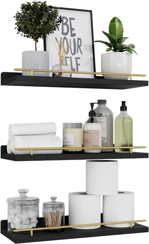 Miniatura 14 de WOPITUES Estantes flotantes con barandilla de metal negro, estantes para decoración de pared, juego de 3, estantes de pared para dormitorio, baño