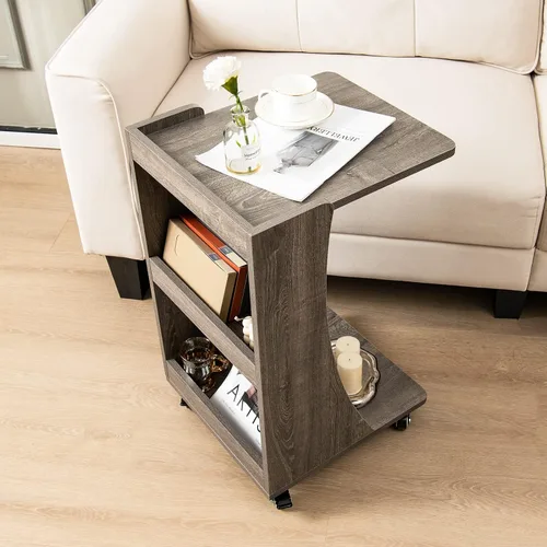 Miniatura 2 de Tangkula Mesa auxiliar en forma de C, mesa auxiliar pequeña para sofá/sofá, mesa auxiliar con compartimento trasero de 3 niveles, ruedas con frenos