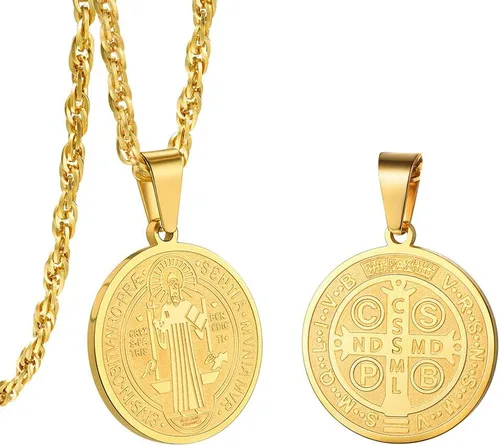 PROSTEEL Collar con medalla de San Benito de acero inoxidable, joyería de protección para hombres y mujeres, chapado en oro real de 18 quilates,