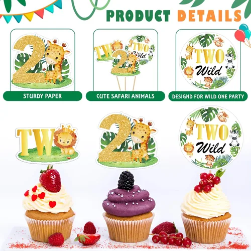 Miniatura 3 de Weecent 48 adornos para cupcakes salvajes, dos decoraciones de cumpleaños salvajes para niños, decoración de tartas de animales de la selva, Dos