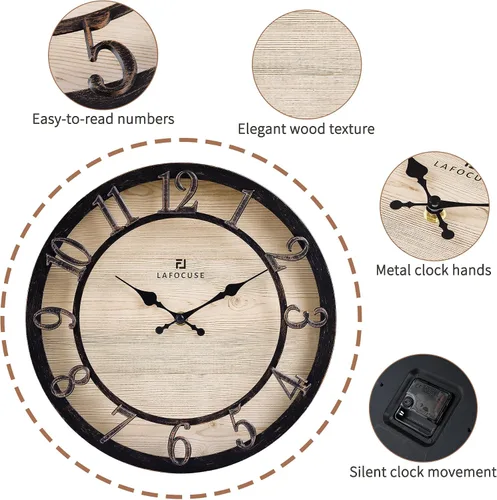 Miniatura 7 de Lafocuse Reloj de pared negro silencioso de 12 pulgadas, funciona con pilas, reloj de pared de granja para cocina, sala de estar, decoración rústica