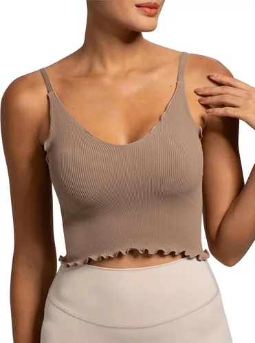Miniatura 4 de Sunzel Womens Seamless Tank Tops V Neck Ribbed Cropped Tops with Ruffles and Adjustable Straps for Workout Yoga