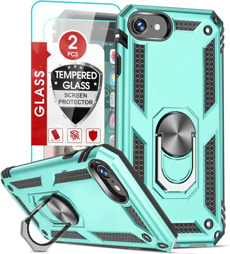 Miniatura 15 de LeYi Funda para iPhone SE con 2 protectores de pantalla de vidrio templado, funda de grado militar con soporte de anillo magnético para iPhone SE