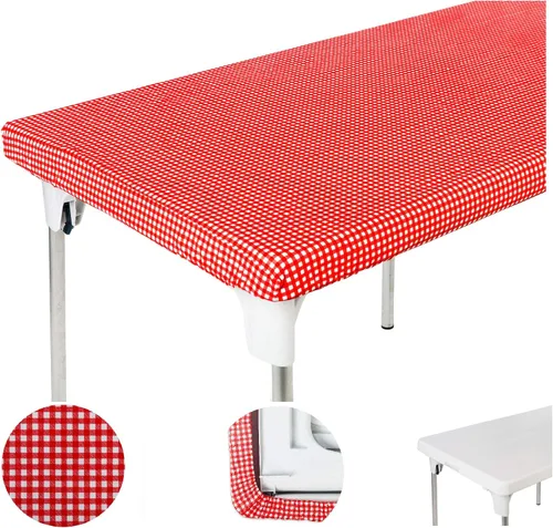 Miniatura 7 de TopTableCloth Mantel de vinilo de plástico con reverso de franela, 2 unidades, 6 pies, 72 x 30 pulgadas, mantel a cuadros rojos y blancos, esquina
