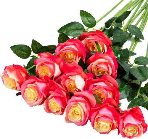 Hawesome Ramo de 12 flores artificiales de seda realistas, tallo largo para decoración del hogar, boda, fiesta (degradado rosa oscuro)