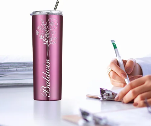 Miniatura 7 de Regalos personalizados para mujer, vaso personalizado grabado con flor de nacimiento de 20 onzas, vaso delgado con nombre personalizado con tapas