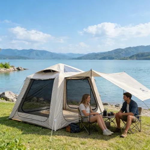 Miniatura 14 de Tienda de campaña inflable para campamento, instalación rápida con bomba, tienda de campaña Oxford impermeable de 4 estaciones con tragaluz, tienda