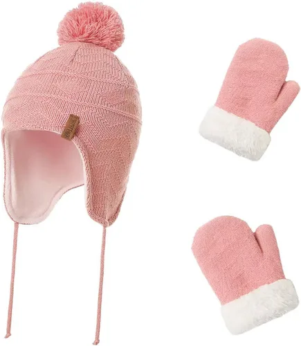 Conjunto de guantes y gorro de invierno para niños, gorro de forro polar cálido, gorro de punto y guantes para niños y niñas